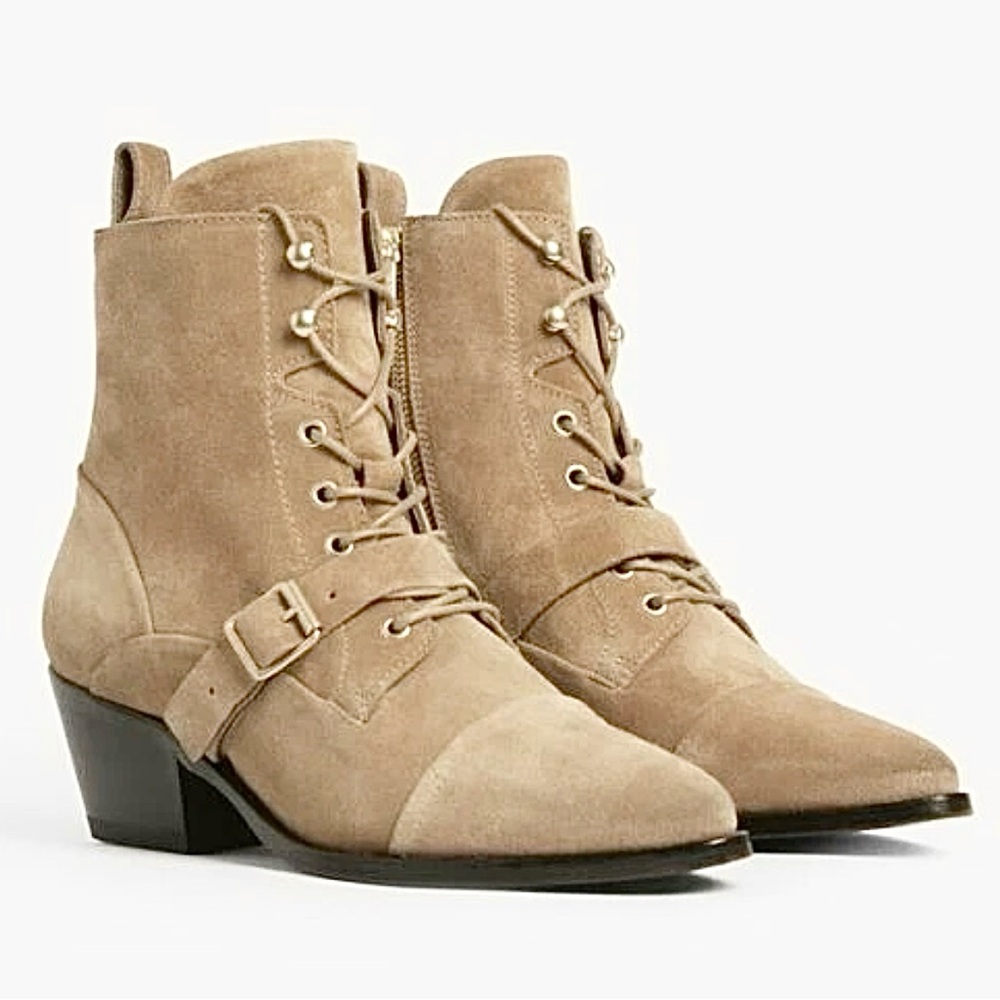 All Saints Suede Katy Boots Desert Sand Tan Sz 38 EU 8 US Lace Up Western Shoes